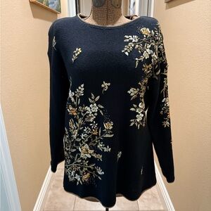 Tiara International - Black Floral Knit Sweater with Gold & Cream Embroidery